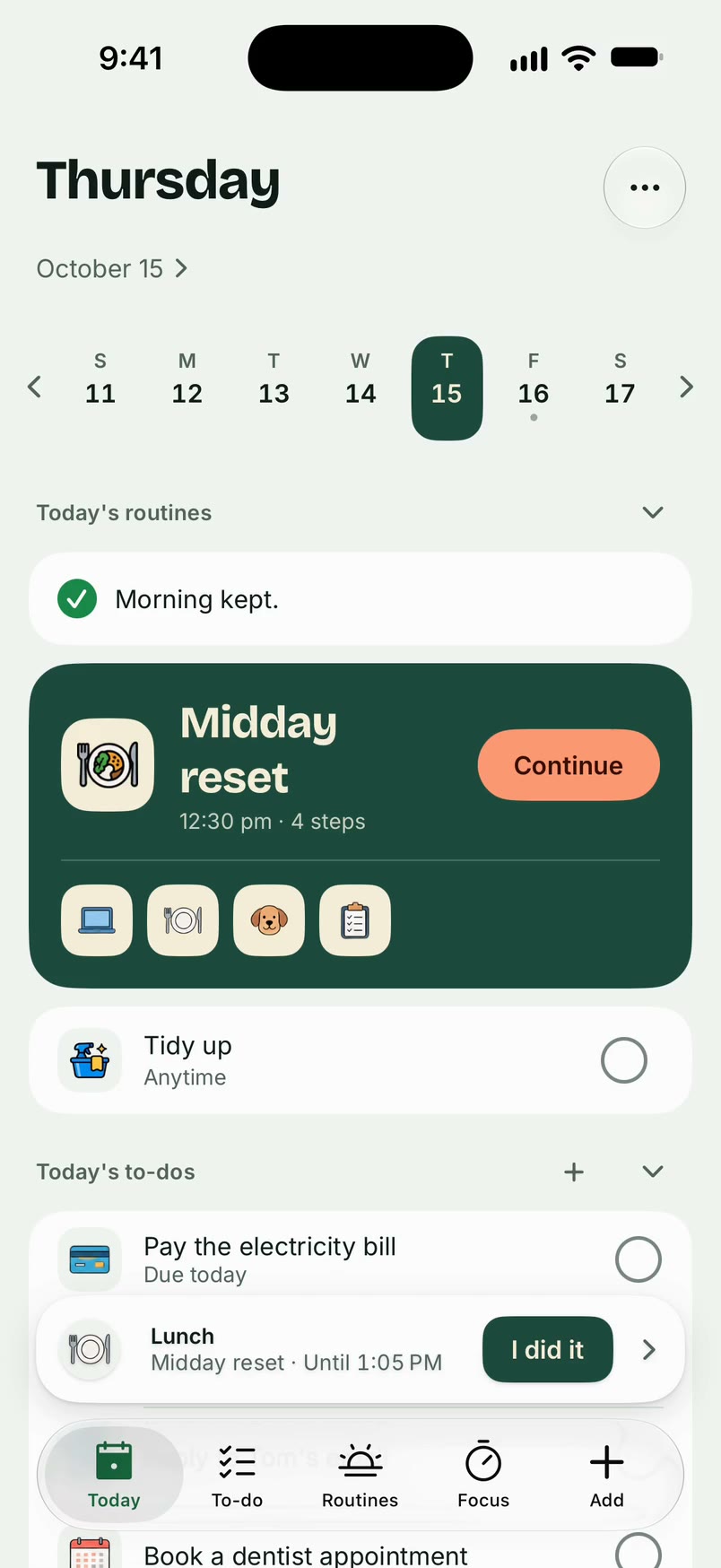 The Today screen in Unmiss, with the day's to-dos and routines