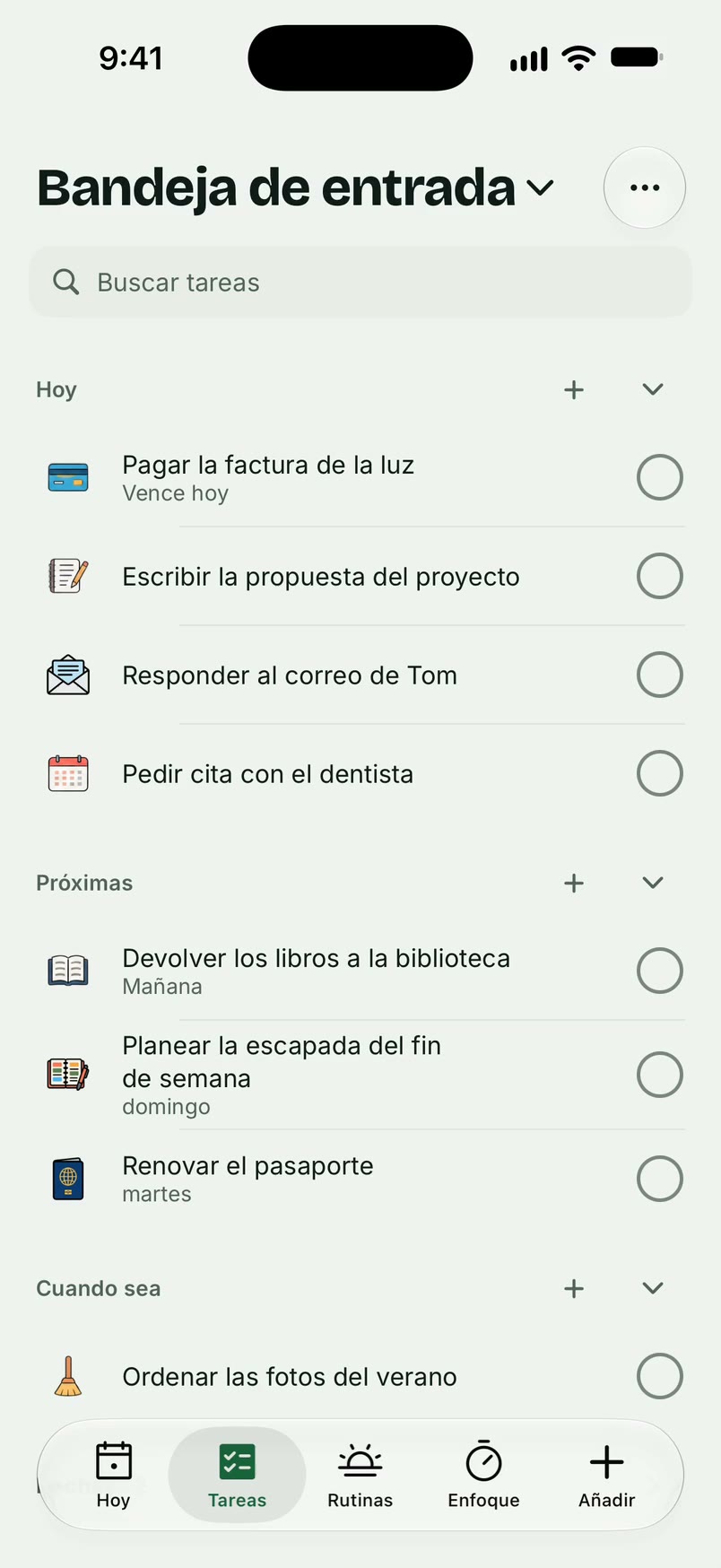 La pestaña Tareas en Unmiss