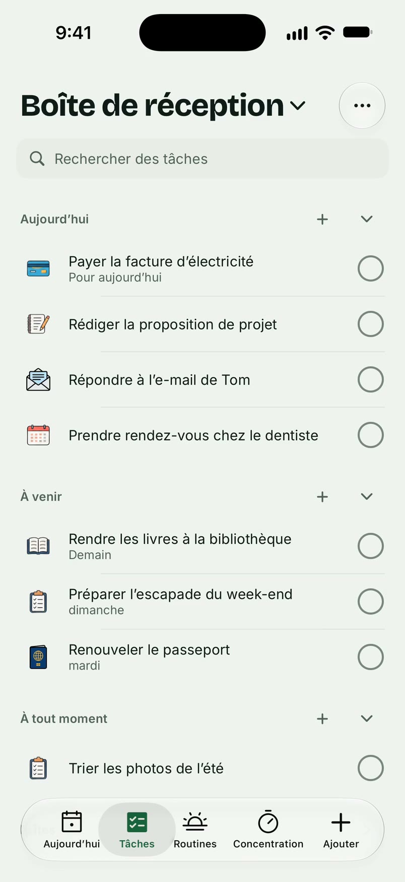 L’onglet Tâches dans Unmiss
